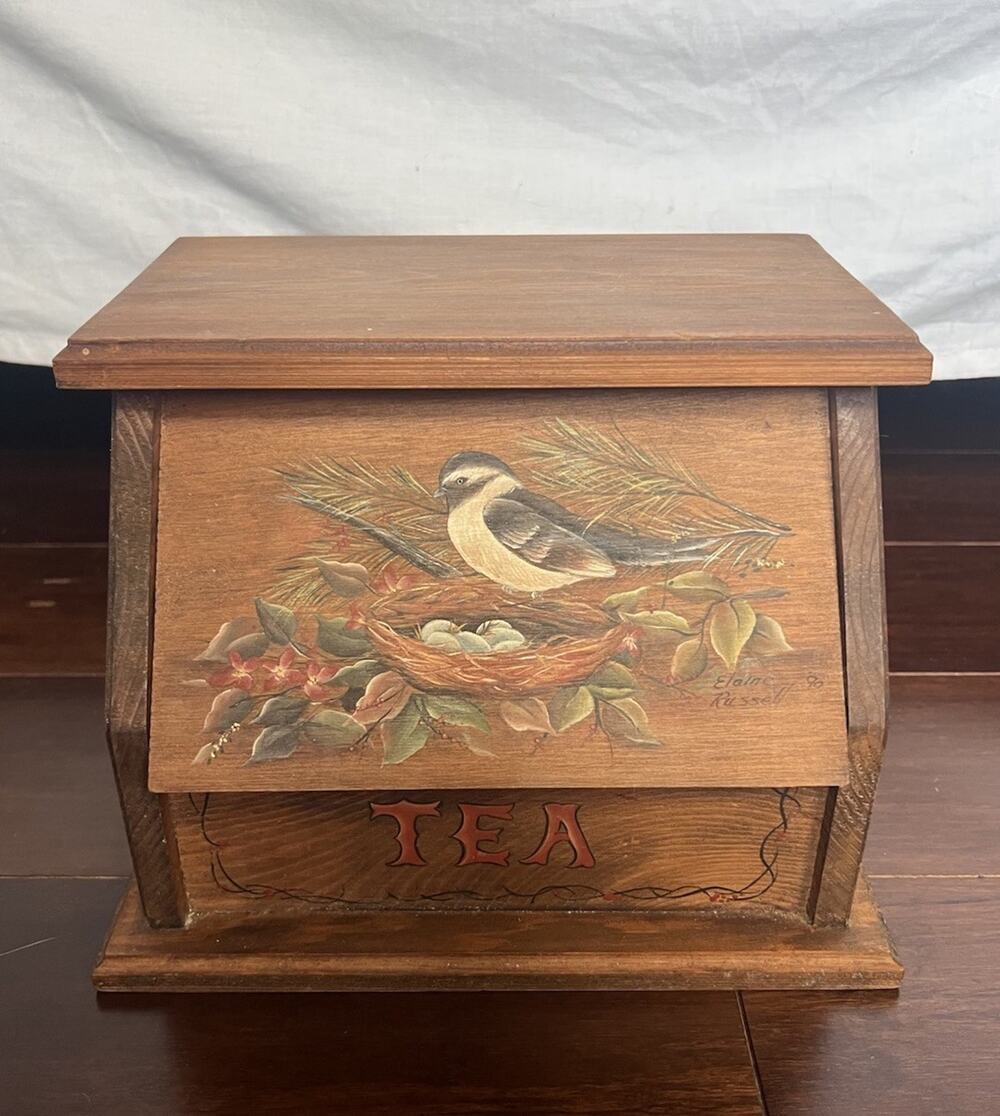 Vtg 1989 Signed Wood Tea Chest Drop Front Box Cottagecore Country Farmhouse Art